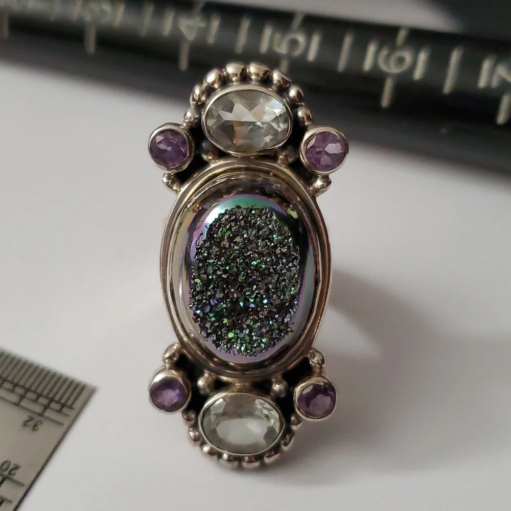 Signed Sterling Silver 925 Druzy Amethyst Topaz Statement Ring